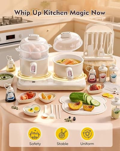 Cooking Sets Real Electric Dual Stove - Montessori Cooking Set with Mini Kitchen Tools, Safe Utensils, Apron & Cookware -Great for Pretend Play Montessori Learning (Beige) thumbnail 5