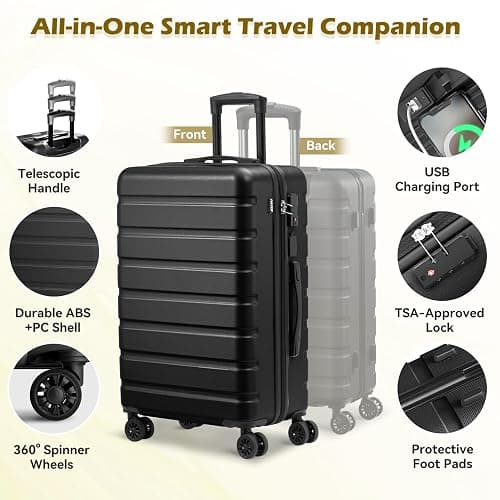AnyZip Suitcase Hardside PC ABS Lightweight USB Luggage with Wheels TSA Lock Checked-Medium 24 Inch Black thumbnail 3