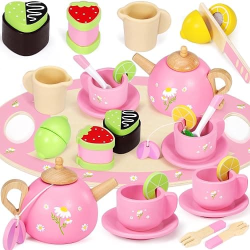 Seagoal Set da Tè di Legno, Cucina Giocattolo per Bambini, Giochi Regalo 3 4 5 Anni, Accessori da Torta Dessert Gioco di Ruolo - Image 1