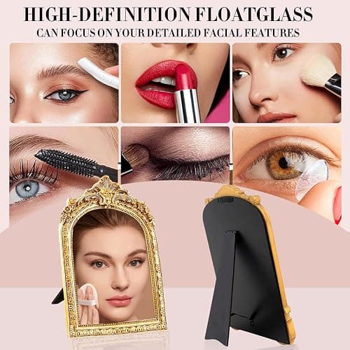 YUSONG Vintage Makeup Mirror for Tabletop - 8" Antique Gold Arched Desk Mirrors with Resin Frame Vanity Table Mirror for Bedroom Living Room Retro Decor thumbnail 6