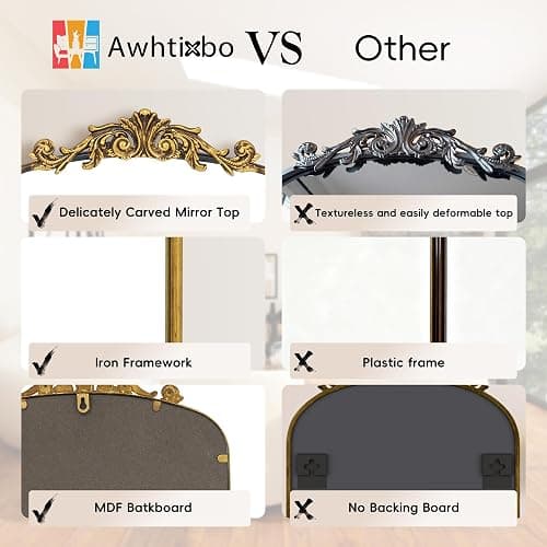 Awhtixbo Miroir Baroque Antique Doré - Miroir Murale Vintage avec Forme Arche Doré pour Hall, Salon & Salle de Bain, 40x61cm thumbnail 4