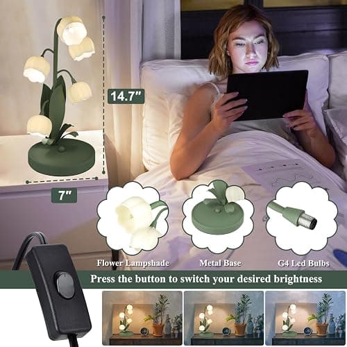 Green Flower Table Lamp, Vintage Lily of The Valley Bedside Desk Lamp 3 Color Modes Cute Flower Reading Light with G4 Bulbs for Night Stand Bedroom Living Room Home Office Decor, Gifts for Women thumbnail 5