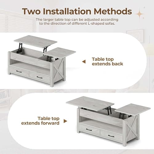 Seventable Coffee Table, 47.2" Lift Top Coffee Table with 2 Storage Drawers and Hidden Compartment, X Wood Farmhouse Support, Retro Center Table with Wooden Lift Tabletop, for Living Room,Grey - Grey thumbnail 4