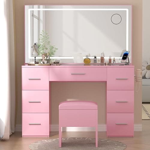 VALONDINO Makeup Vanity Desk with Power Outlet, 46'' Glass Top Vanity Set, 7 Drawers Vanity Table with Cushioned Stool, 3 Lighting Modes Brightness Adjustable,Pink - Glass top-Pink - 46IN thumbnail 4