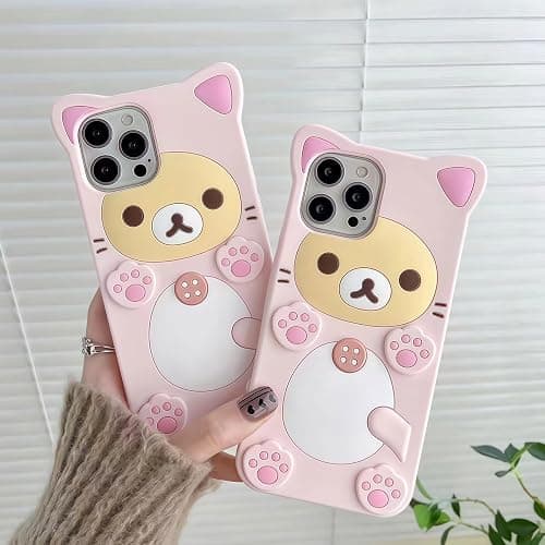 Cute Kawaii 3D Phone Case Compatible with iPhone 14 6.1" Cartoon Pink Bear Design Fashion Cool Funny Case Soft TPU Protective Case Silicone Cover for Girls Women Kids Pink thumbnail 7