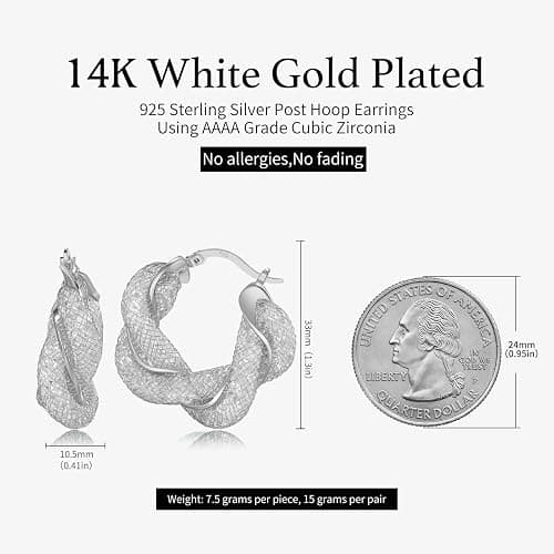 SayovatBek 14K Gold Plated 25–33mm Mesh Hoop Earrings for Women, Cubic Zirconia, 925 Sterling Silver Post, Hypoallergenic Jewelry thumbnail 6