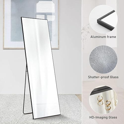 Sweetcrispy 65"x21" Full Length Body Floor Mirror Standing Hanging or Leaning Against Wall, Large Wall Mirror with Stand Aluminum Alloy Frame for Bedroom, Black thumbnail 5