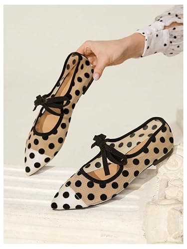 BEAUDRM Women's Polka Dots Mesh Ballet Flats Cute Lace Ballerina Flats | Closed Toe, Square Maryjane Flat, Dressy Casual Work Shoes, Leopard, Lace, Floral, Wedding thumbnail 3