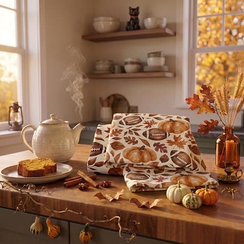 Fall Football Kitchen Towels Set of 2, Pumpkin Leaves, 18 x 26 in | Set of 2 fall kitchen towels with football, pumpkin and maple leaf designs for game day or Thanksgiving decor thumbnail 8