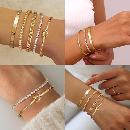 LOLIAS 5 Stück Armband Damen Gold 14 Karat Echtgold Armkette Manschetten Armband Hypoallergen Goldperlen CZ Tennis Armband Kette Stapelarmbänder Schmuck Gold Für Damen thumbnail 4