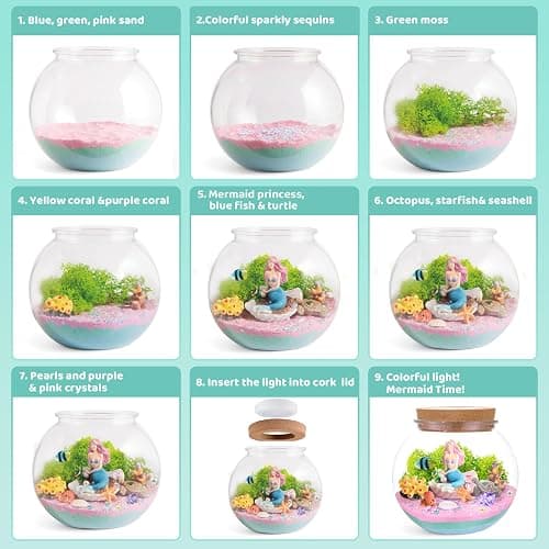 Mermaid Light-Up Terrarium Kit for Kids - LED Night Light Birthday Gift for Girls Ages 4 5 6 7 8-12 Year Old - Mermaid Toys for Girls - DIY Arts and Crafts Kit for Kids thumbnail 5