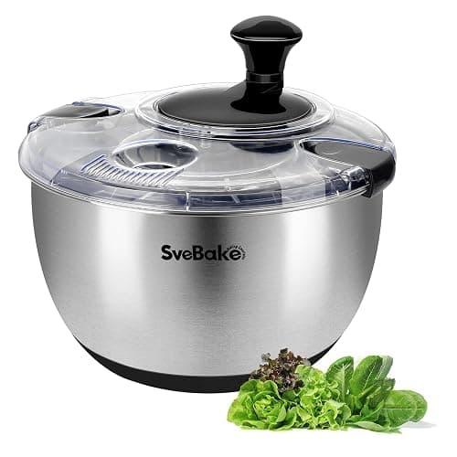 SveBake Stainless Steel Salad Spinner, 4.8 Qt Vegetable Washer, BPA-Free Lettuce Dryer with Crank Design, Dishwasher Safe, Non-Slip Base - Transparent Lid - Image 1