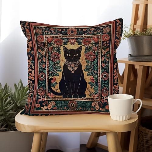YOU FOUND ME William Morris Abstract Vintage Black Cat Design Throw Pillow Cover Home Decor, Art Decor Pillowcase Cushion Cover for Bed Sofa Living Room, Indoor and Outdoor 18x18inch (Black Cat5) thumbnail 2