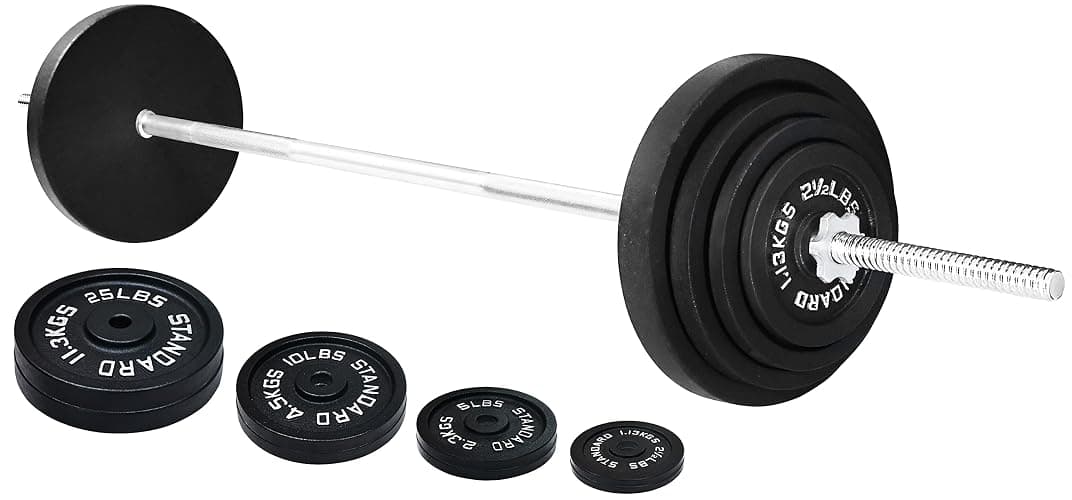 Fitvids Cast Iron Standard Weight Plates Including 5FT Standard Barbell with Star Locks, 95-Pound Set (85 Pounds Plates + 10 Pounds Barbell), Multiple Styles thumbnail 4