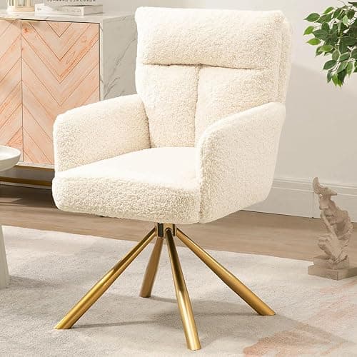 Ugijei Teddy Office Desk Chair No Wheels, Modern Vanity Chair with Gold Legs, Boucle Comfy Swivel Accent Chair, Wide Seat Computer Task Reading Armchair for Living Room Home Office (Beige) - Image 1