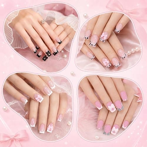 96 Stück Künstliche Fingernägel zum Aufkleben aus Buntem Kunststoff, Full Cover Press On Nails mit Schleifenmotiv, Wiederverwendbar für Frauen und Mädchen thumbnail 7