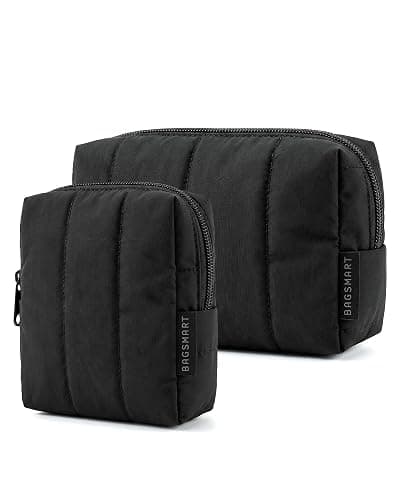 BAGSMART Makeup Bag Duo Set, Puffy Padded Travel Cosmetic Organizer with Slip-in Pockets, Large Toiletry Bag & Small Purse Pouch, Travel Essentials for Women, Black - Image 1