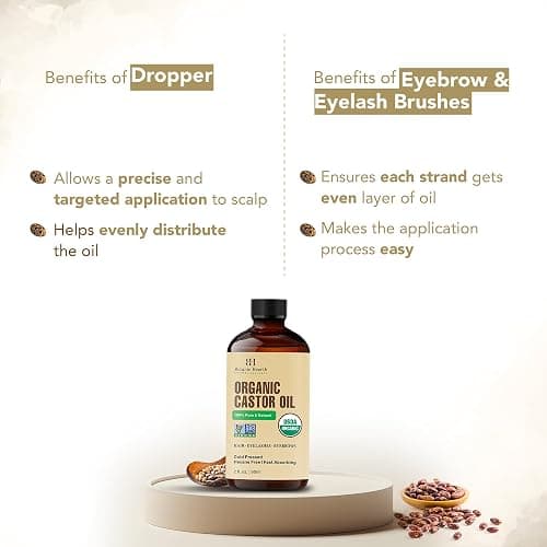 Botanic Hearth Castor Oil for Hair (2 fl oz) | USDA Organic | 100% Pure, Cold Pressed & Hexane Free | For Hair, Eyelashes, Eyebrows & Scalp Treatment | With Lash & Brow Brush thumbnail 7
