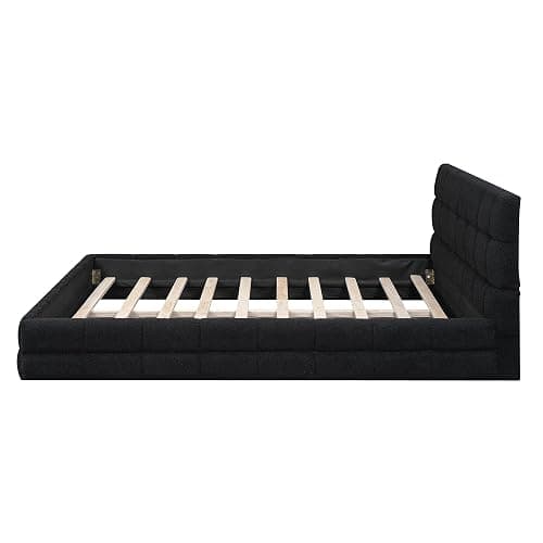 SOFTSEA Queen Size Upholstered Platform Bed Frame, Fleece Fabric Floor Platform Bed with Soft Headboard, Queen Grounded Bed Frame with Wood Slats for Kids Teens Adults, Easy Assembly (Black) thumbnail 8