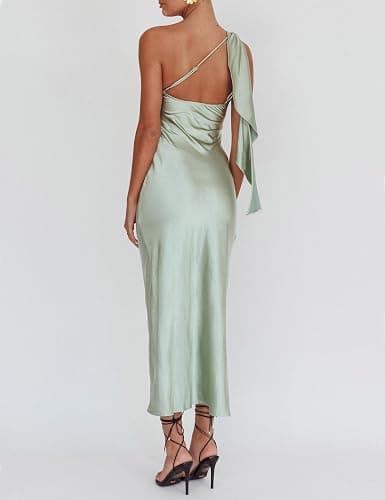 2026 Satin One Shoulder Maxi Dress for Women Summer Silk Formal Elegant Backless Ruffle Sleeveless Wedding Guest Dresses thumbnail 2