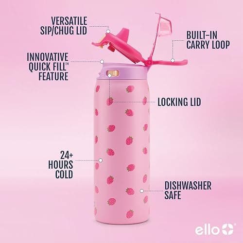 Ello Pop & Fill 18oz Stainless Steel Kids Water Bottle with Quick Fill Lid | Vacuum Insulated BPA Free Bottle with Leak Proof Straw and Chug Lid, Dishwasher Safe, Gift For Kids Teens, Strawberries thumbnail 5