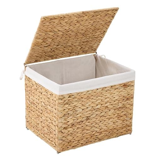 Water Hyacinth Storage Basket with Lid, 21.1 Gallon (80L) Wicker Shelf Basket with Removable Liner, Wicker Storage Basket for Blanket, for Livingroom, Bedroom, Natural - Image 1