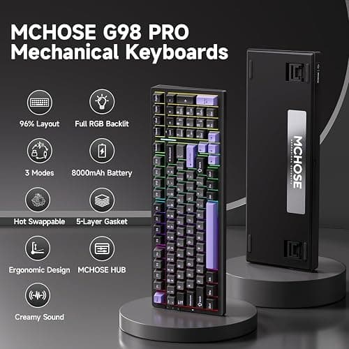 MCHOSE G98 PRO Wireless Mechanical Keyboard, Tri-Mode Connection Gaming Keyboard, Hot Swappable Custom Gasket Structure, Pre-lubed Linear Switches, Double Shot PBT Keycaps RGB LED Backlit Purple&Black thumbnail 2