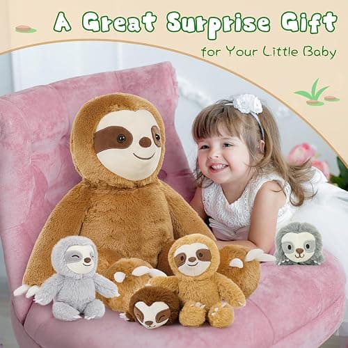 Tezituor 5Pcs Sloth Stuffed Animal Set, 22 inch Large Mommy Stuffed Sloth with 4 Babies Soft Plush Pillow for Girl Boy thumbnail 8
