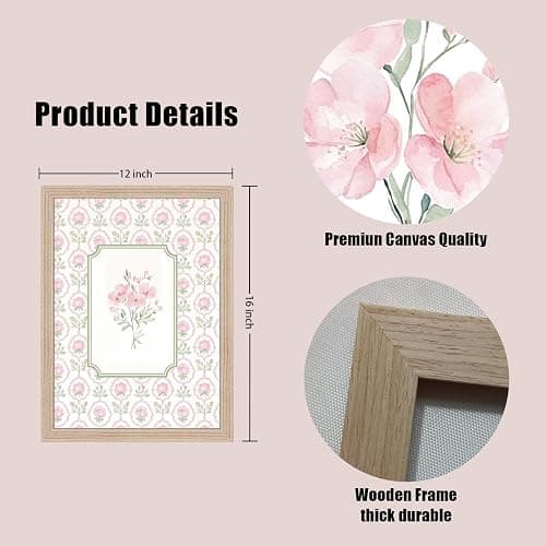 Pink Floral Canvas Wall Art Framed 3Pcs Cottage Home Decor 12x16 Inch | Ready to Hang Botanical Painting Prints Picture Poster Vintage Farmhouse Decor Living Room Bedroom Entryway Hallway Foyer thumbnail 3