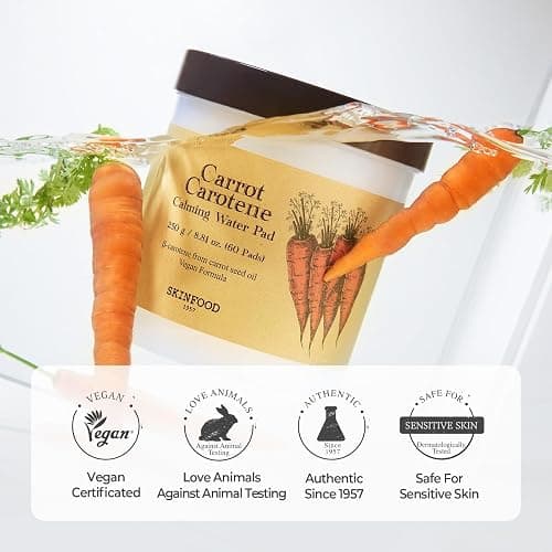SKINFOOD Carrot Carotene Calming Water Toner Pads, Korean Skin Care Toner Pad for Face, Deep Hydrating, Soothing, After Sun Skincare for Sensitive Skin, Redness Relief, 100% Cotton, 8.81 oz (60 Pads) thumbnail 7