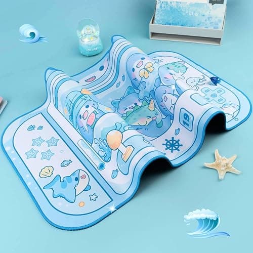 BelugaDesign Shark Desk Pad | Cute Pastel Large Mouse Pad | Cutecore Ocean Switch Anime Keyboard Gaming Mousepad | Machine Washable Nonslip Desk Blotter Protector for Kids Teens and Women (Blue White) thumbnail 4