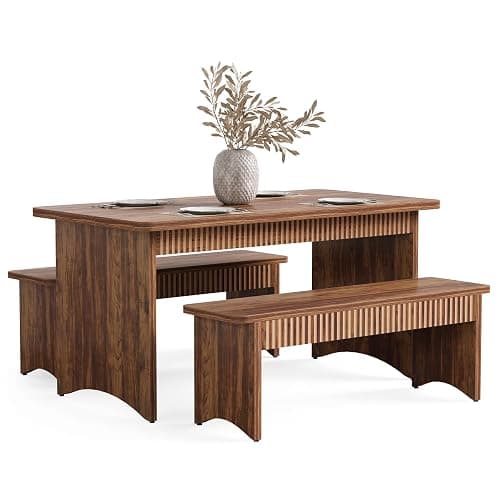 LITTLE TREE 55" Dining Table with 2 Benches, Dining Table Set for 4-6 People, Farmhouse Kitchen Table with Bench, Dining Room Table Set - Image 1