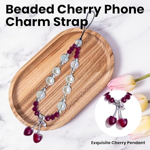 Cunegra Cherry Phone Lanyard, Red Beaded Wrist Strap, Universal Phone Case Charm, Drop Shape, Acrylic Material, True Loop, CHARM Type, One Size, No Metal/Gemstone, Cherry Design, Female Target thumbnail 3