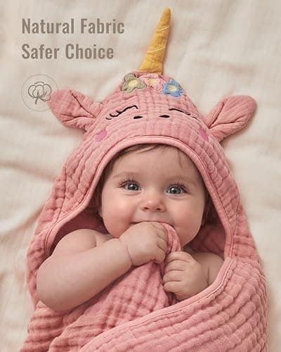 Blissful Diary Muslin Baby Hooded Towel 2 Pack, Soft & Absorbent Bath Towel for Infant, Toddler, Unisex, Baby Gift, Newborn Essentials, Sunny Duck & Dreamy Unicorn thumbnail 4