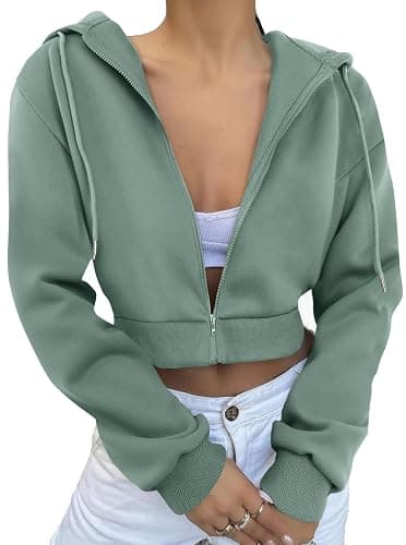Remidoo Women's Zip Up Cropped Hoodie Crop Top Sweatshirt Drawstring Long Sleeve Jacket thumbnail 2