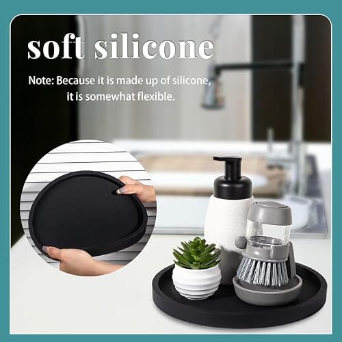 Silicone Bathroom Tray Round Vanity Tray Decorative Soap Holder Kitchen Countertop Organizer Coffee Table Decor for Candle, Perfume, Plant, 9 Inch, Black thumbnail 7