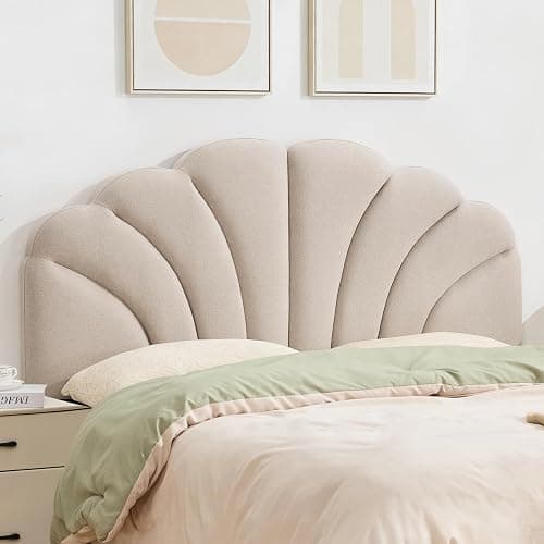 FriFurne Queen Size Headboard Only, Upgraded One-Piece Upholstered Headboard Adjustable Height&Width Full Bed Headboards Modern Soft Linen Petal Curved Padded Head Board, Light Brown - Image 1