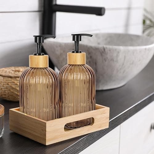 Ulable Amber Glass Soap Dispenser with Pump, 2 Pack 13.5oz Vertical Stripe Design Hand Soap Dispenser for Hand Wash, Dish Wash, Elegant Dispenser for Bathroom and Kitchen thumbnail 4