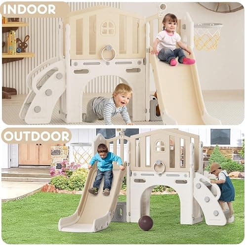 YUFU 8 in 1 Toddler Slide Set, Kids Slide for Toddlers Age 1-3, Toddler Playset with Climber, Basketball Hoop and Ball, Outdoor Indoor Playground for Toddlers 1-3 (Beige+Coffee) thumbnail 9