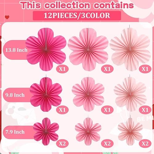 JULBEAR 12pcs Pink Paper Flowers Fans, Paper Fans Hanging Ornaments, Paper Flowers Decorations for Wall, Paper Fans Party Decorations for Spring Wedding Baby Shower thumbnail 3