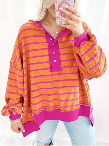 Tankaneo Womens Oversized Striped Sweatshirts Henley Shirts Color Block Casual Pullover Waffle Knit Tops thumbnail 5