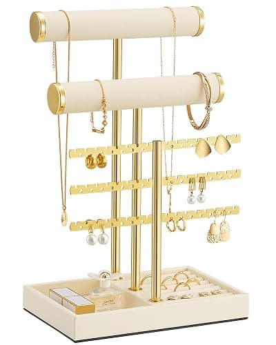 Lolalet 5 Tier Jewelry Stand Holder, Bracelet Necklace Display -Beige | PU Leather Hanging Jewelry Rack with Storage Tray, Ring Watch Bangle Earring Organizer, Gifts Dorm Room Decor for Women Girls - Image 1