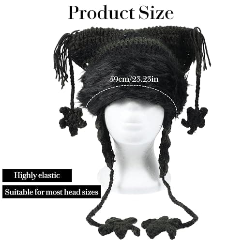 Y2k Cat Ear Beanie, Cute Hat with Harajuku Fashion, Grunge Cat Crochet Hats for Women Y2k Accessories, Christmas, Winter Black,Green thumbnail 3