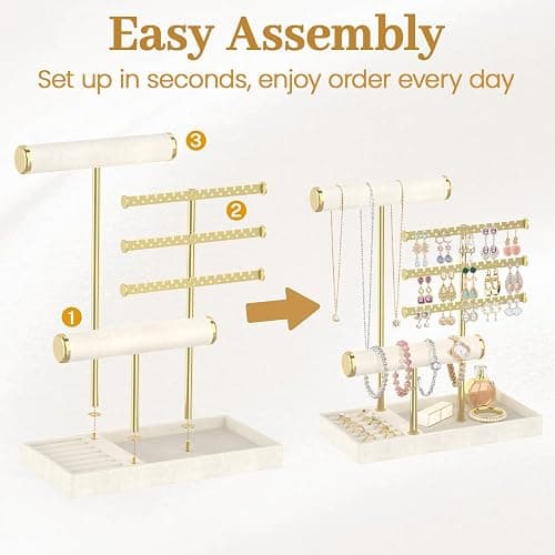 MODOWEY Necklace Holder Earring Stand Organizer, Wooden Velvet Bracelet Tree Rack with Ring Tray for Vendor Women Display Selling, Countertop T Bar Jewelry Tower Keep Everything Visible & Within Reach thumbnail 8