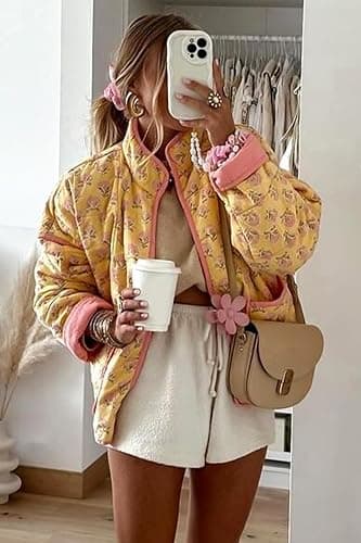 Wyeysyt Women's Cropped Puffer Jacket Lightweight Floral Print Long Sleeve Padded Quilted Puffy Cardigan Coat thumbnail 3