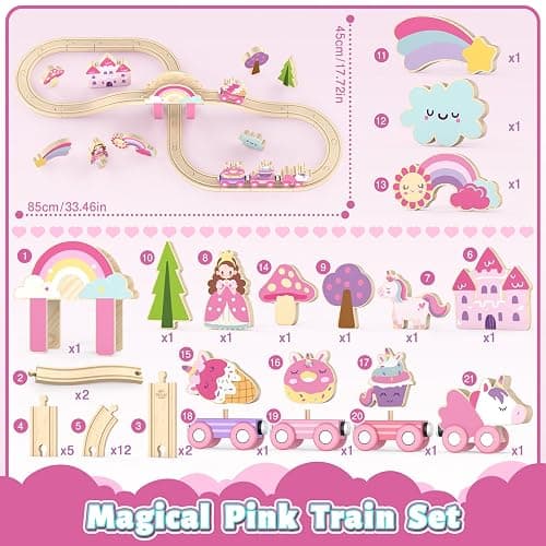 Lehoo Castle Wooden Train Set - Unicorn Train Set for Toddlers 2-4, Wooden Train Track Toddler Girl Toys, Pink Train Fantasy Toys for 3 4 5 6 7 Year Old Girl thumbnail 7