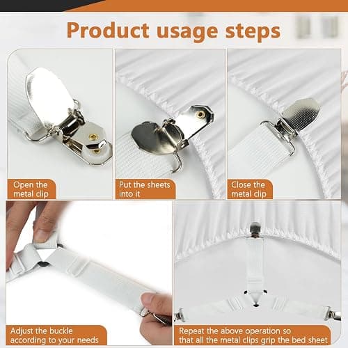 LKbeuuu 4PCS Bed Sheet Straps with Metal Clips, Adjustable Elastic Fitted Sheet Holders for Corners, Keep Bedding Wrinkle-Free, Easy to Install Durable Fasteners, Mattresses (White) thumbnail 4