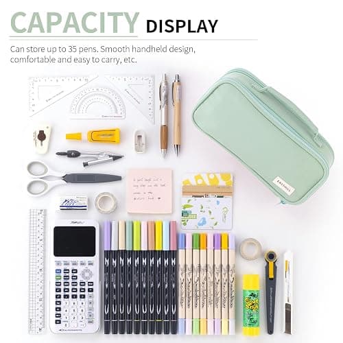 EASTHILL Large Capacity Pencil Case Pen Pouch Organizer Canvas Pencil Bag with Handle School Supplies for Teen Girls-Green thumbnail 4