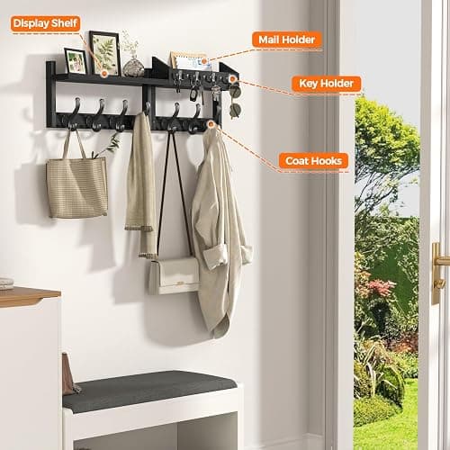 Evermagin 29" Coat Rack Wall Mount with Shelf, 4 in 1 Coat and Key Hanger with 11 Metal Hooks, Entryway Wall Mounted Shelf with Mail Holder for Living Room, Bedroom, Black thumbnail 4