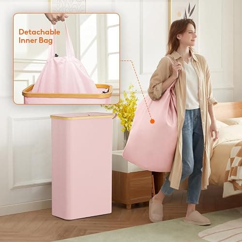 Lifewit 75L Slim Laundry Hamper with Lid and Removable Bag, Pink | Bamboo Handles, Foldable Narrow Laundry Baskets, Thin Laundry Bin, Dirty Clothes Hamper for Laundry, Bathroom, Bedroom, Dorm thumbnail 5